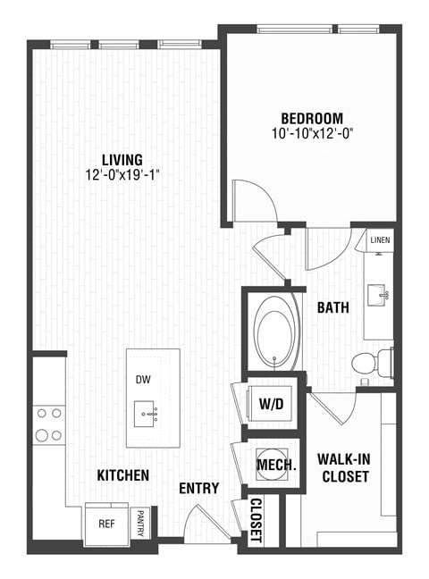 Floor plan for 1 bed, 1 bath, 793 sqft
